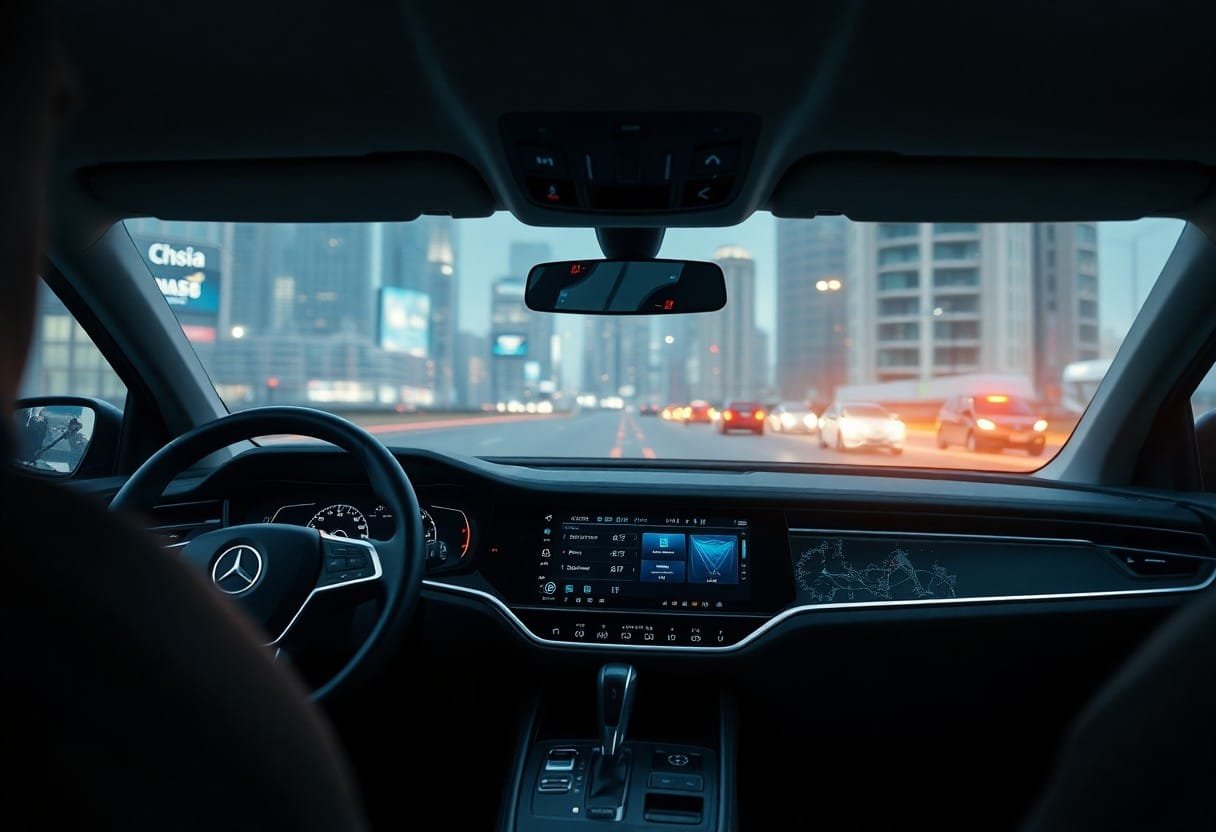 Modern car interior with city view