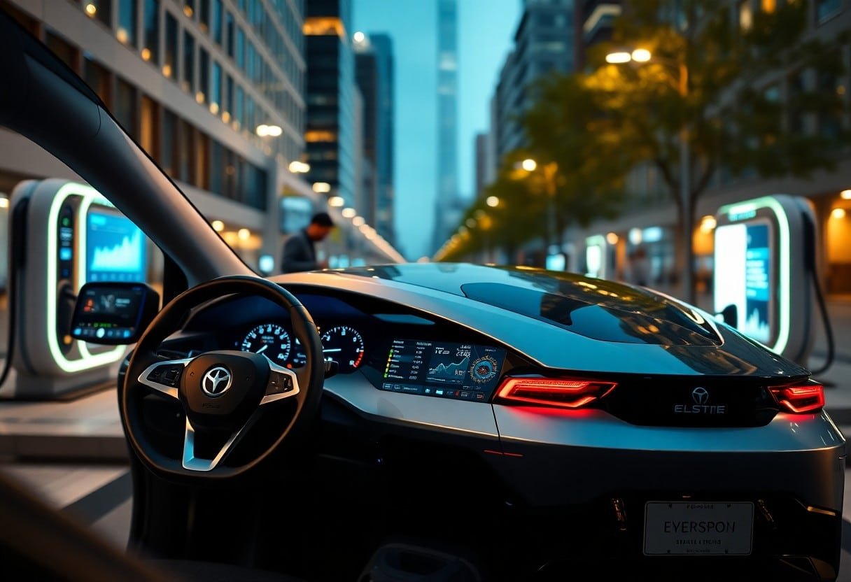 Futuristic car interior with charging stations.